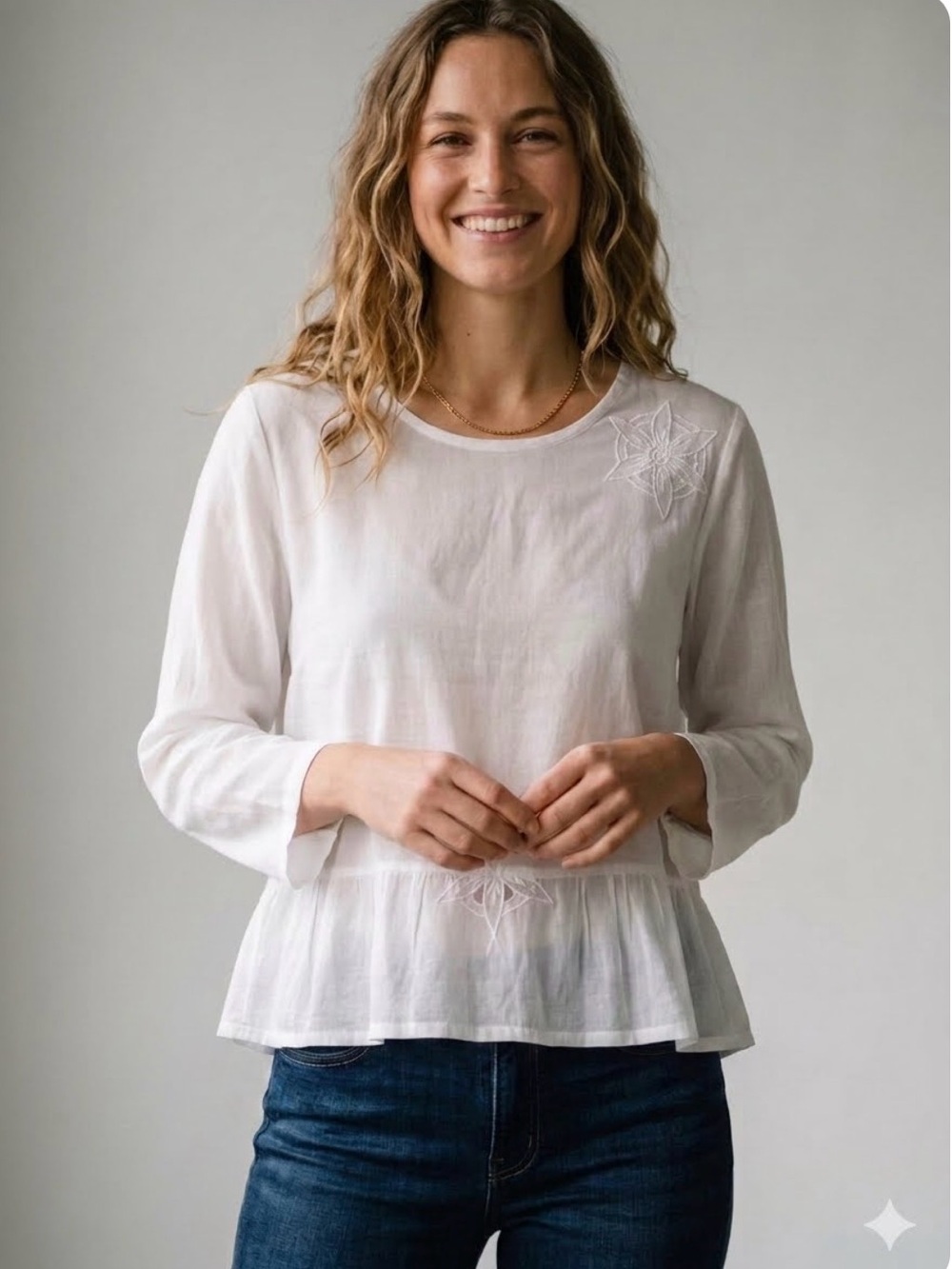 NWT Sheer White/slightly off white Embroidered Peasant Blouse by R. Lee